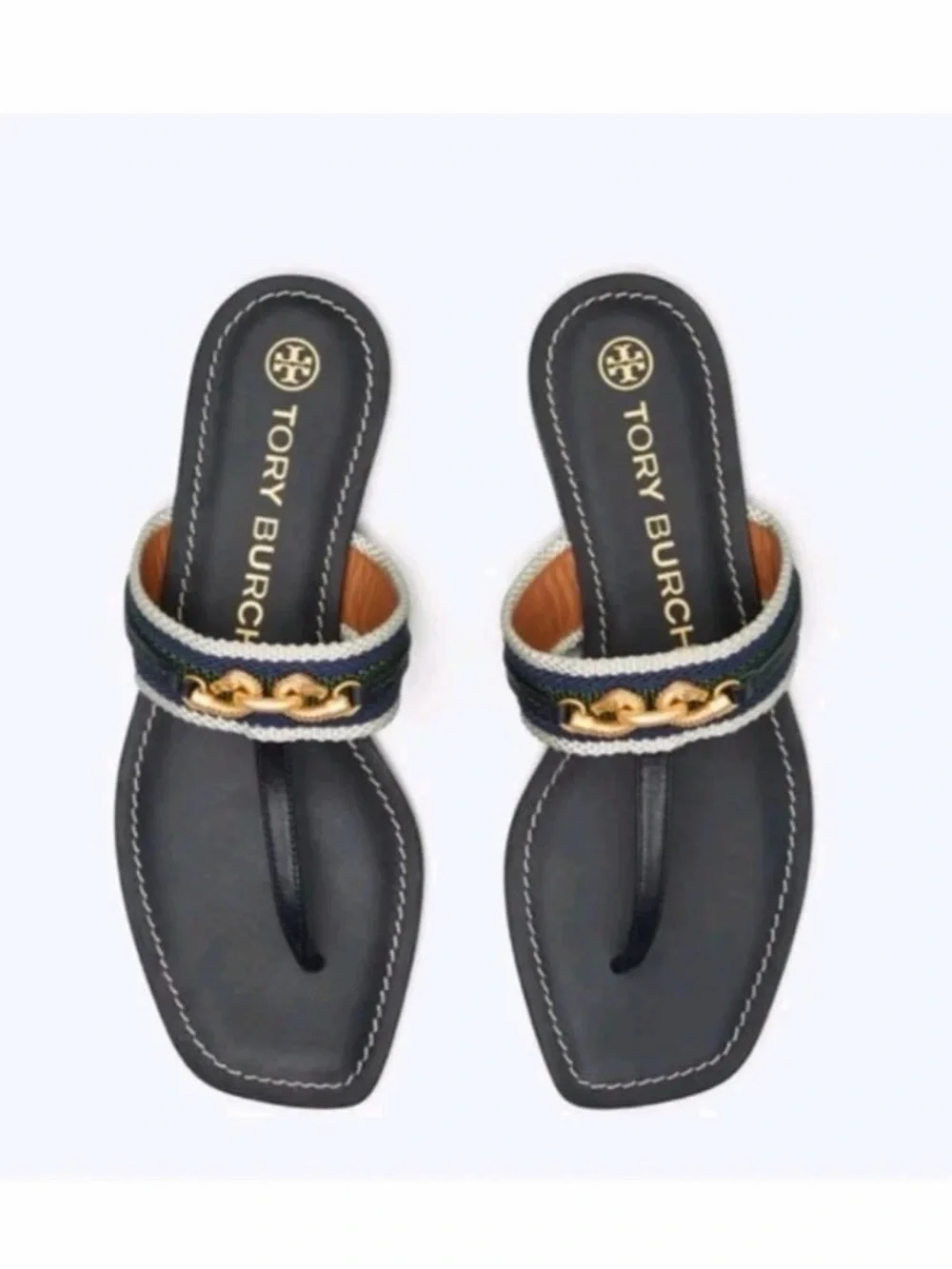 Tory Burch Jessa Thong Sandals in Navy gold-tone horse-link Womens Size 6